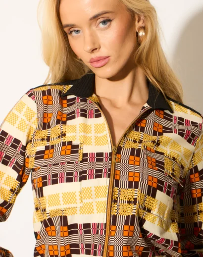 Brown Geo Print Cropped Jacket