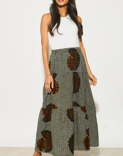 Freda Brown Tiered Maxi Skirt