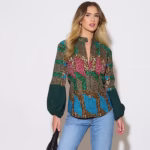 Green Geo Print Puff Sleeve Top
