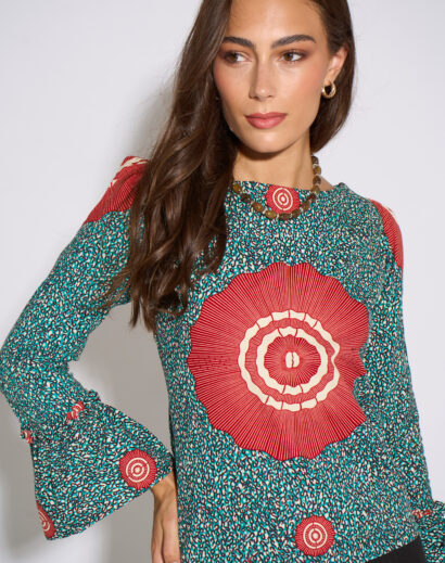 NIA Teal Long Sleeve Top with Flared Cuffs
